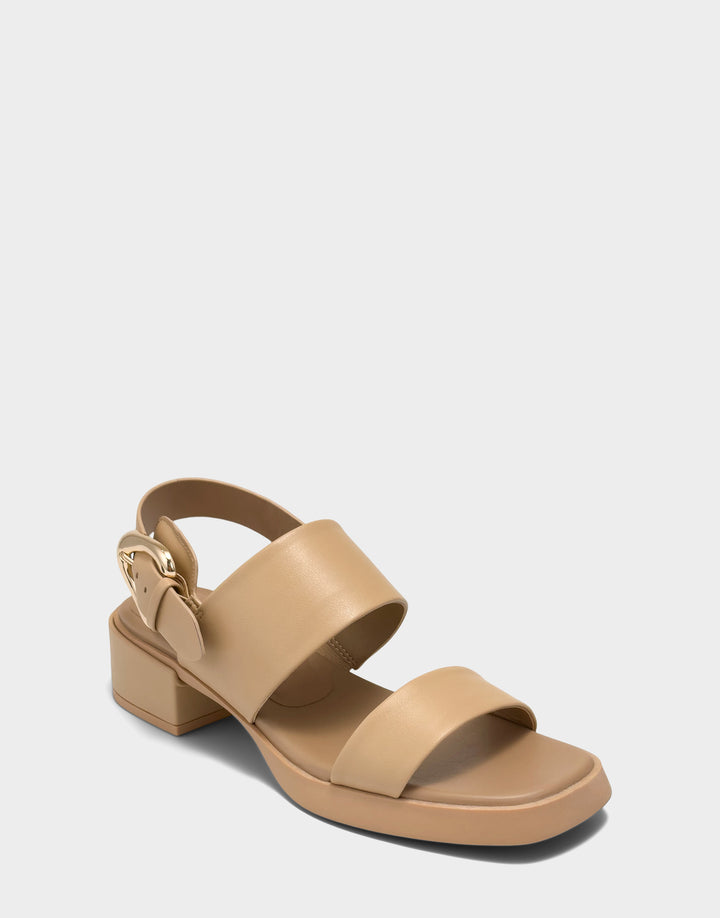 Comfortable Women's Heeled Sandal in Beige Faux Soft Leather Side Angle View