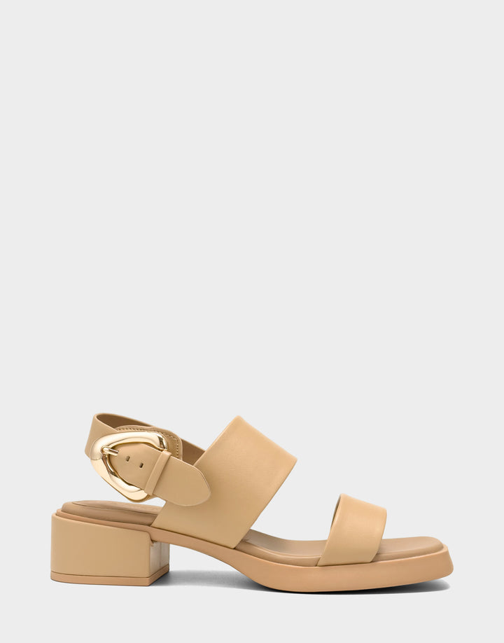 Comfortable Women's Heeled Sandal in Beige Faux Soft Leather Side View