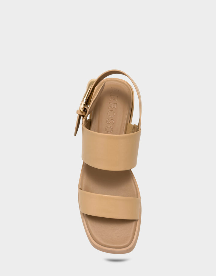 Comfortable Women's Heeled Sandal in Beige Faux Soft Leather Full Front View