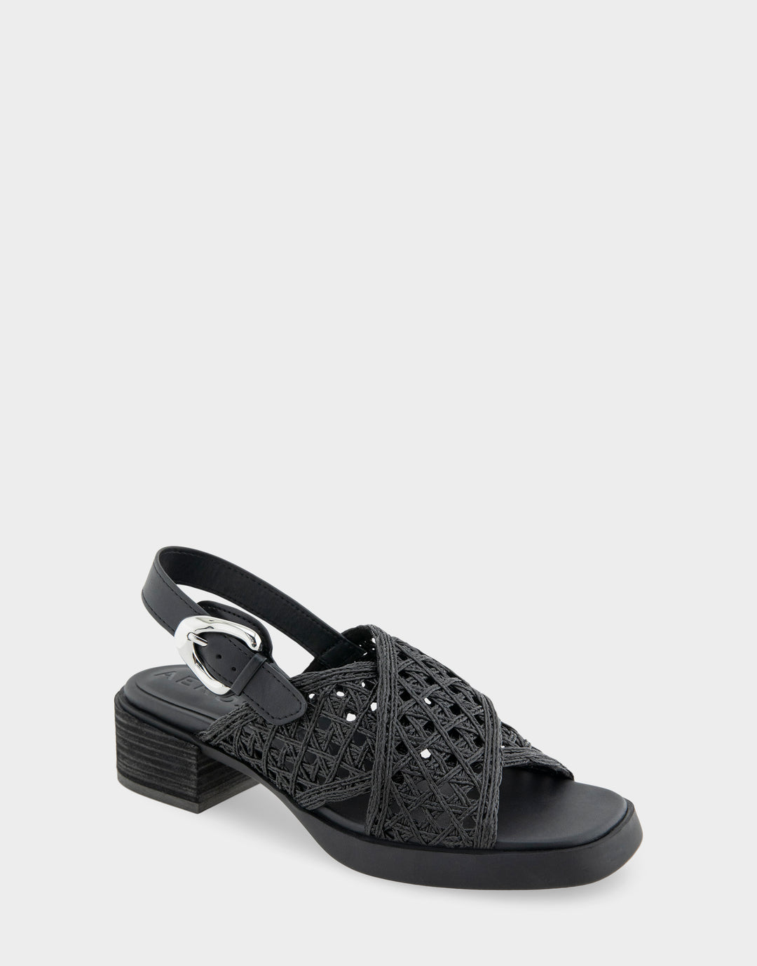 Comfortable Women's Block Heel Sandals in Black Raffia Side Angle View