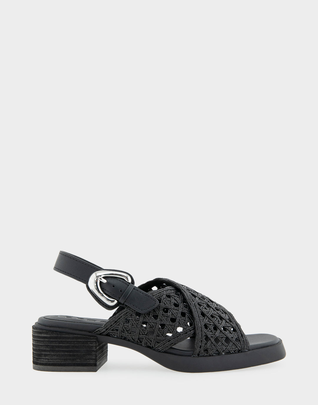 Comfortable Women's Block Heel Sandals in Black Raffia Side View