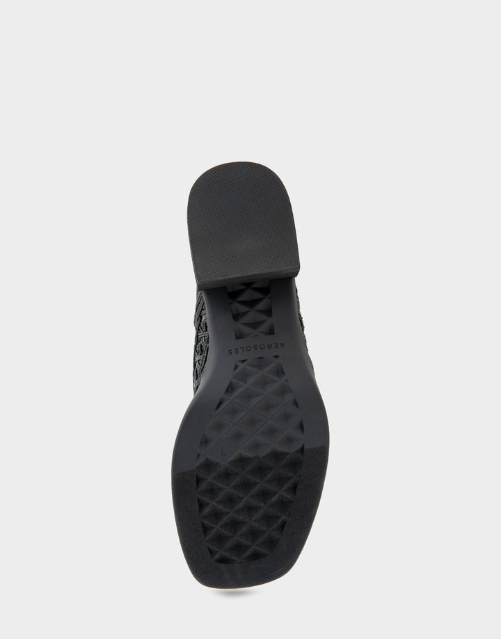 Comfortable Women's Block Heel Sandals in Black Raffia Bottom View