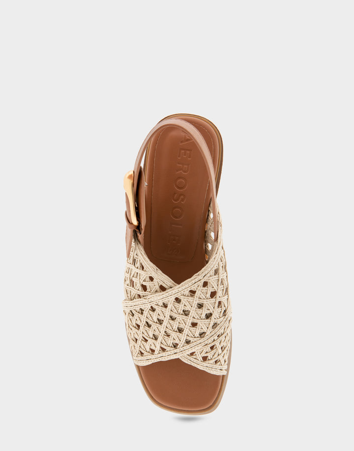 Comfortable Women's Block Heel Sandals in Natural Raffia Full Front View