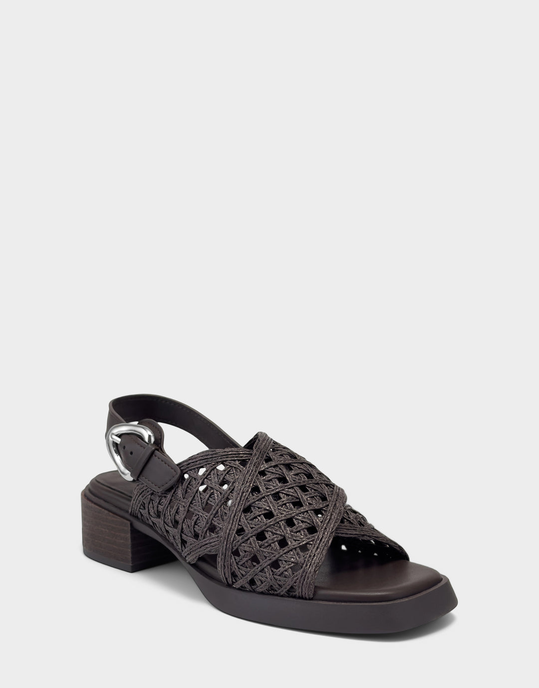 Comfortable Women's Heeled Sandal in Dark Brown Crochet Raffia/faux Leather Side Angle View
