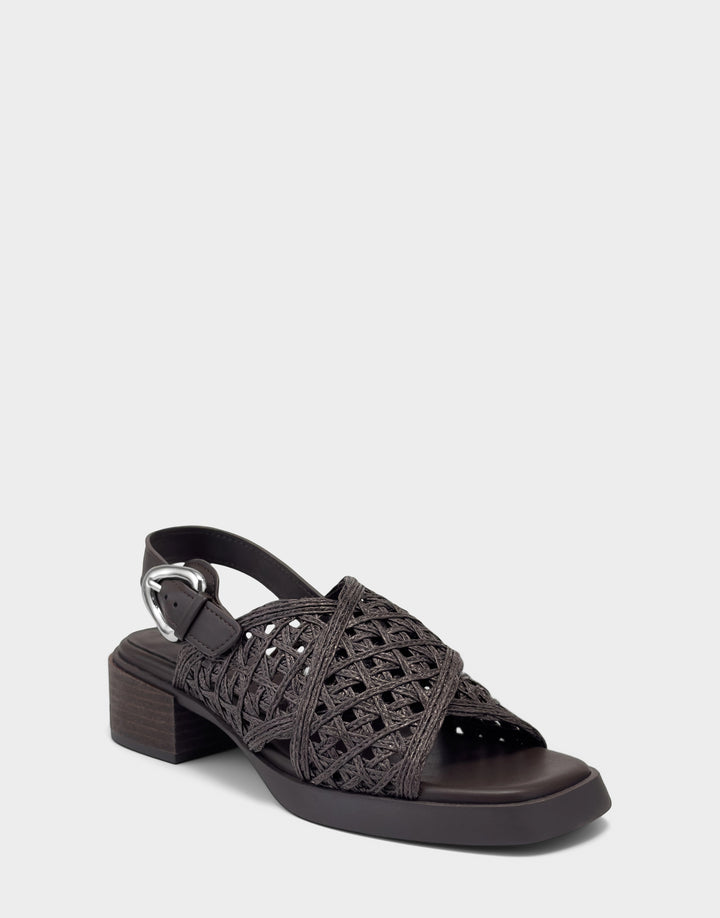 Comfortable Women's Heeled Sandal in Dark Brown Crochet Raffia/faux Leather Side Angle View
