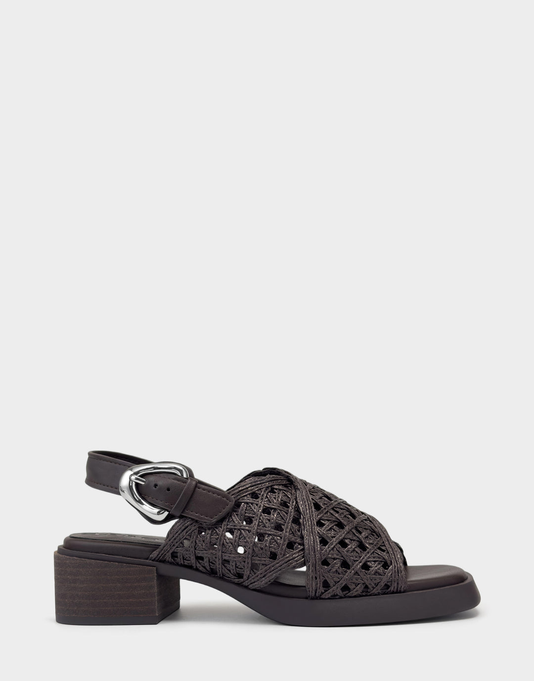 Comfortable Women's Heeled Sandal in Dark Brown Crochet Raffia/faux Leather Side View