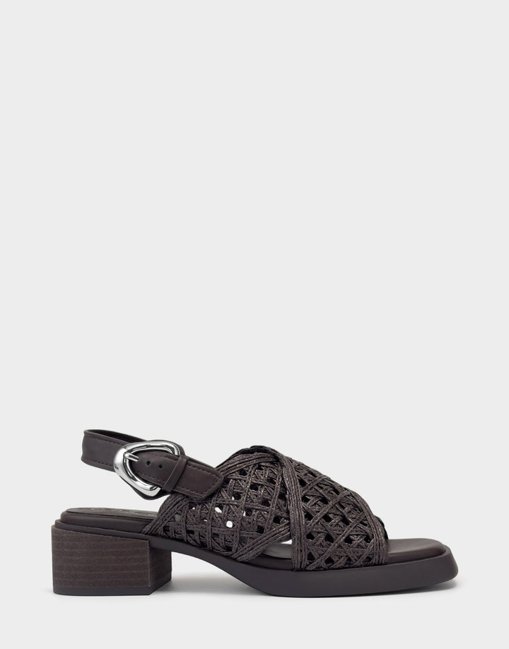 Comfortable Women's Heeled Sandal in Dark Brown Crochet Raffia/faux Leather Side View