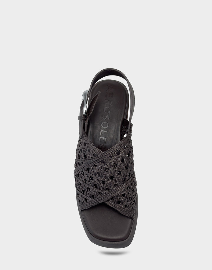 Comfortable Women's Heeled Sandal in Dark Brown Crochet Raffia/faux Leather Full Front View