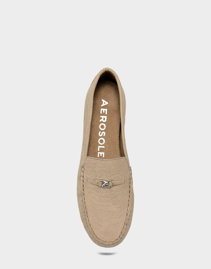 Comfortable Women's Casual Loafer in Natural Faux Croc Nubuck Front View
