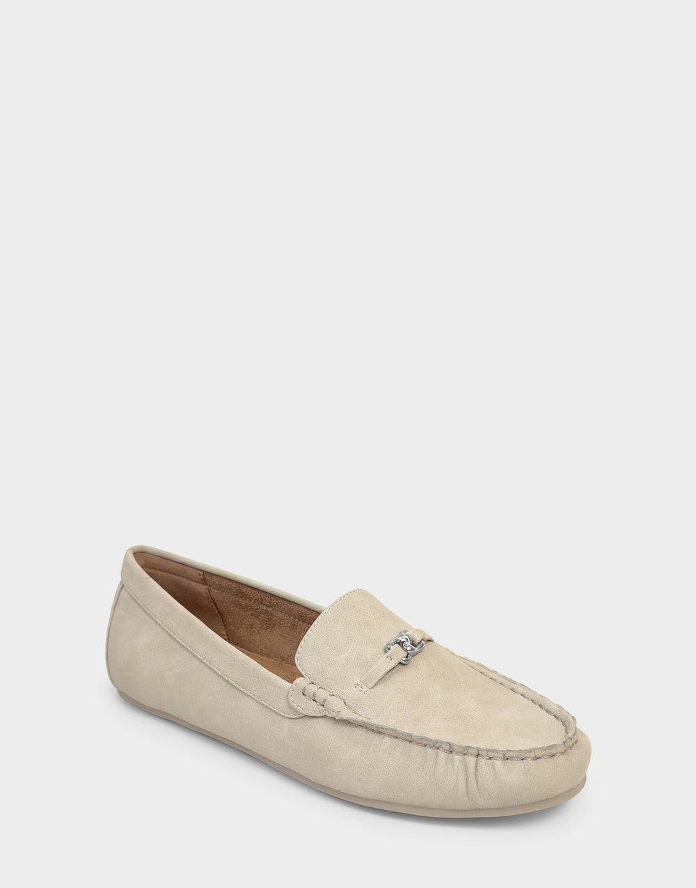 Comfortable Women's Driver In Beige Faux Nubuck Side Angle View