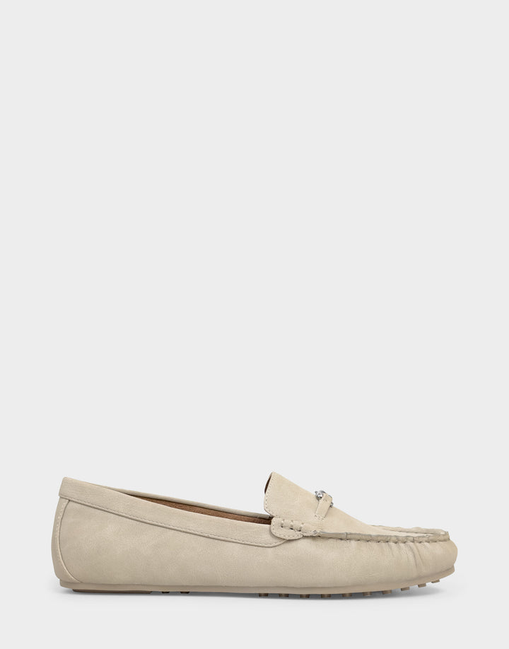Comfortable Women's Driver In Beige Faux Nubuck Side View