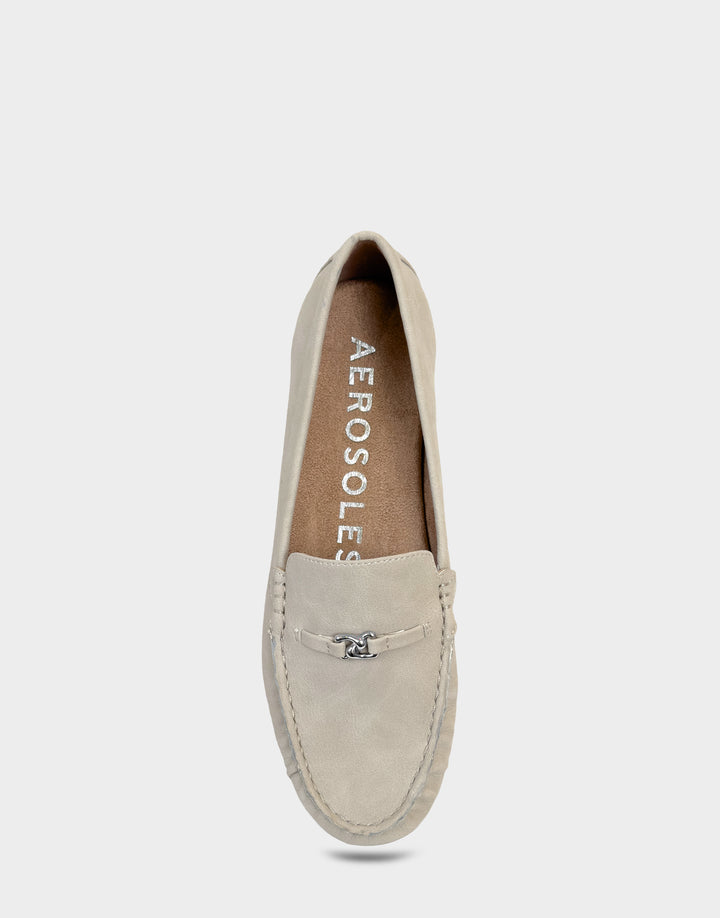 Comfortable Women's Driver In Beige Faux Nubuck Full Front View