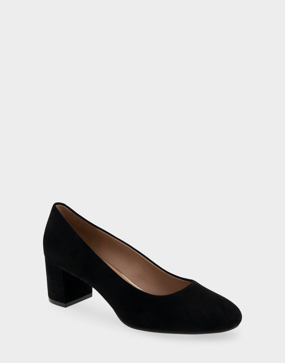 Comfortable Women's Mid Heel Pump in Black Genuine Suede Side Angle View