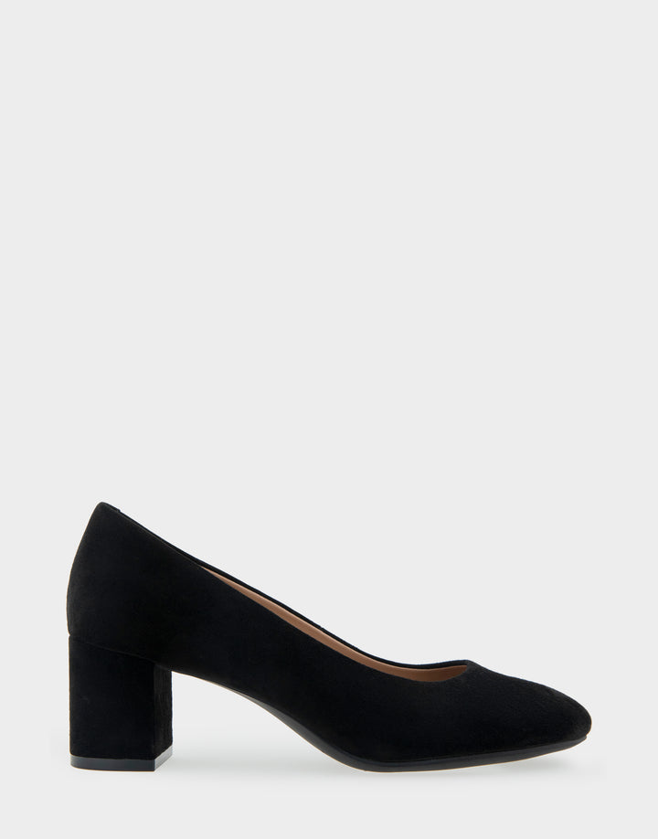 Comfortable Women's Mid Heel Pump in Black Genuine Suede Side View