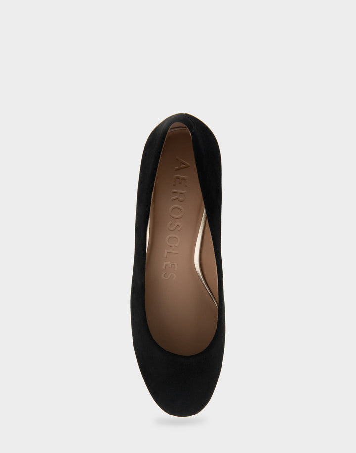 Comfortable Women's Mid Heel Pump in Black Genuine Suede Full Front View