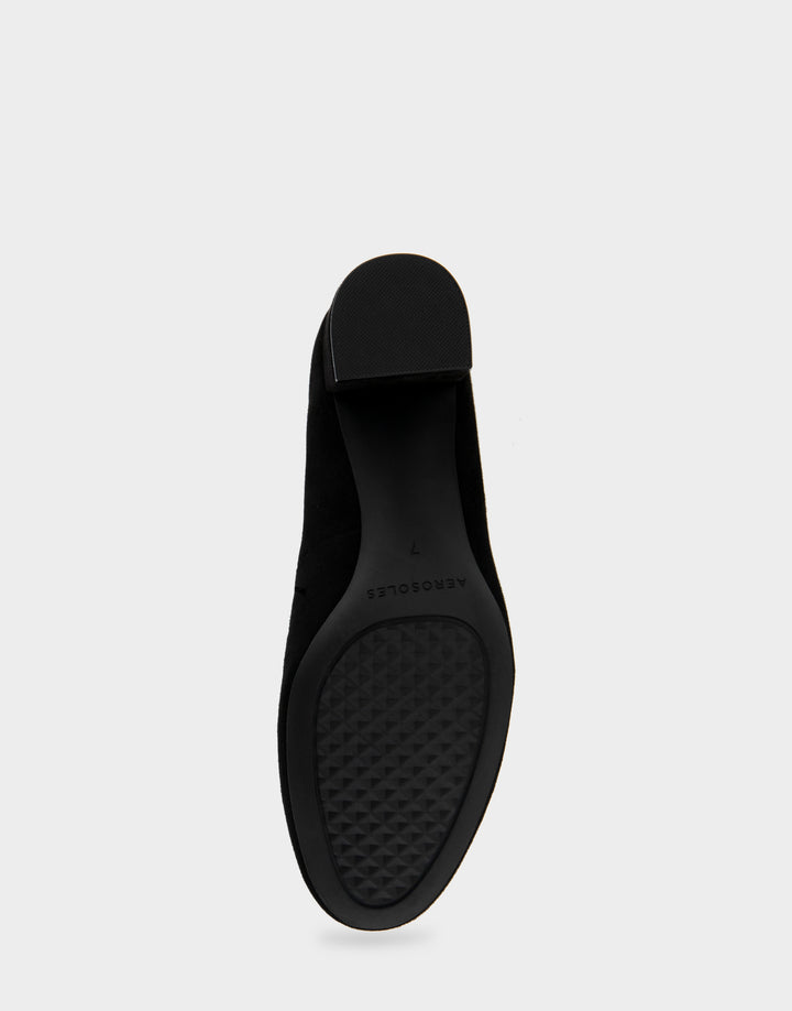 Comfortable Women's Mid Heel Pump in Black Genuine Suede Bottom View