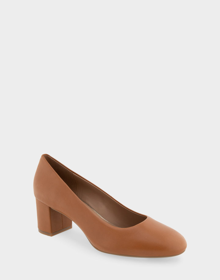 Comfortable Women's Mid Heel Pump in Tan Genuine Leather Side Angle View