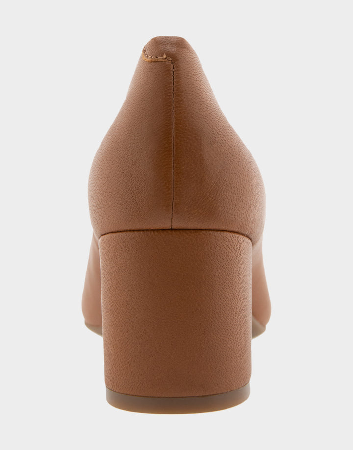 Comfortable Women's Mid Heel Pump in Tan Genuine Leather Back View