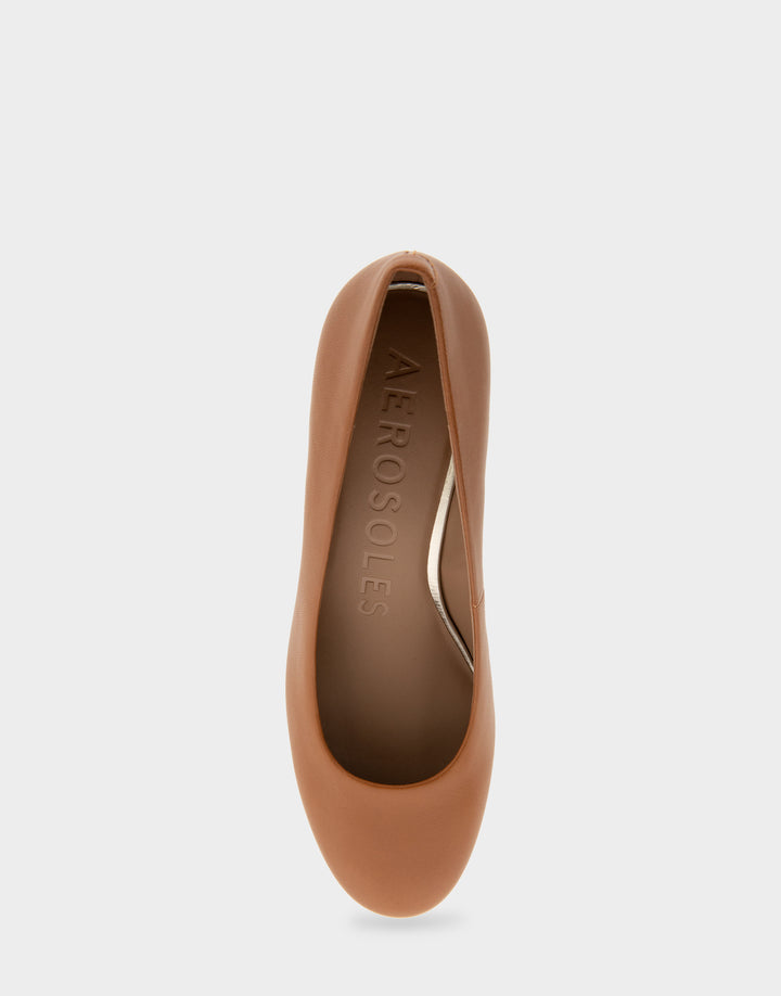 Comfortable Women's Mid Heel Pump in Tan Genuine Leather Full Front View