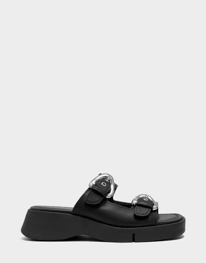 Comfortable Women's Flatform Sandal in Black Faux Calf Side View