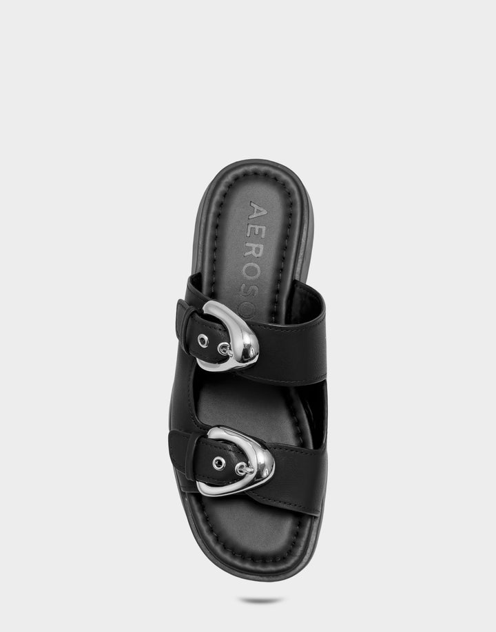 Comfortable Women's Flatform Sandal in Black Faux Calf Full Front View