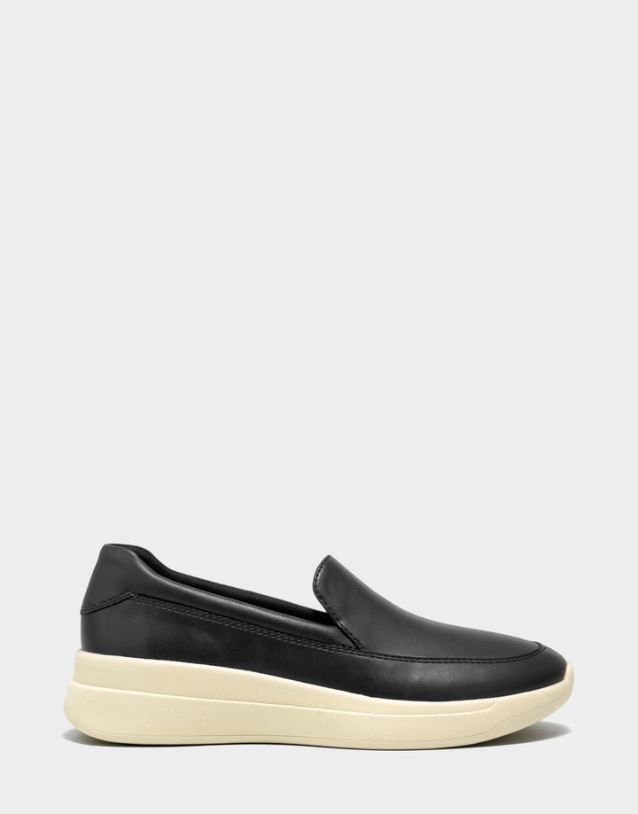 Comfortable Women's Casual Loafer in Black Faux Soft Leather Side View
