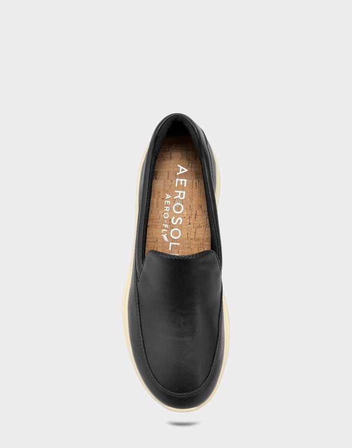 Comfortable Women's Casual Loafer in Black Faux Soft Leather Full Front View