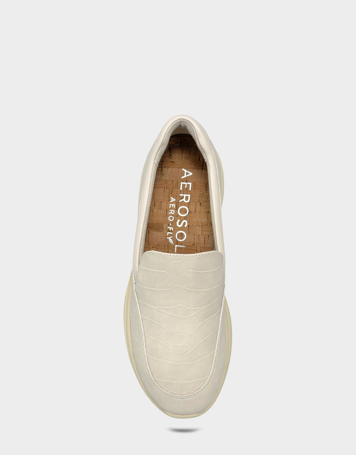 Comfortable Women's Casual Loafer in Cream Faux Croc Nubuck/faux Leather Full Front View