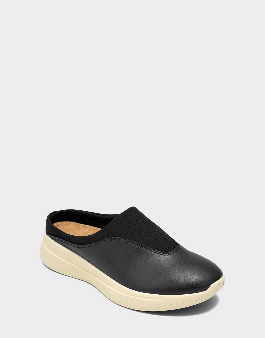 Comfortable Women's Mule in Black Faux Leather/neoprene Side Angle View