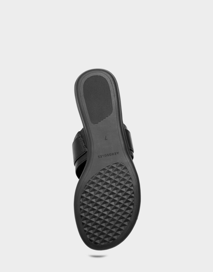 Comfortable Women's Flat Sandal in Black Faux Leather Bottom View