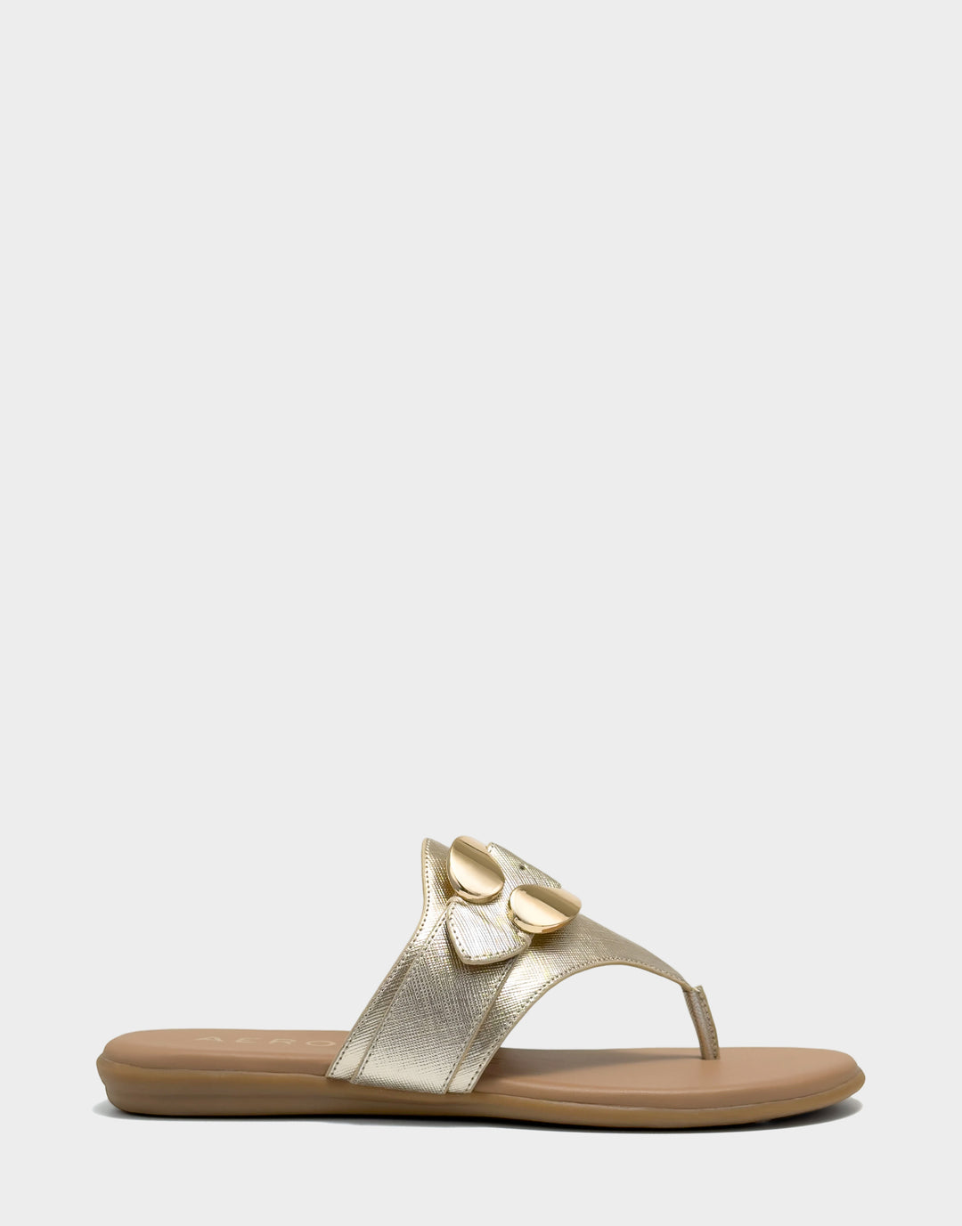 Comfortable Women's Flat Sandal in Metallic Faux Saffiano Side View