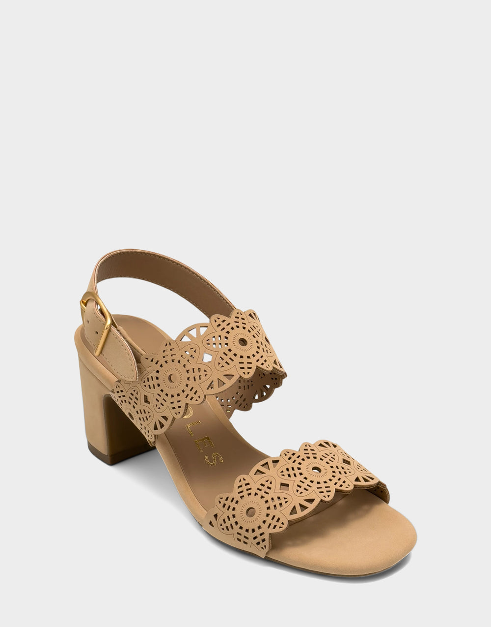 Comfortable Women's Heeled Sandal in Natural Perf Faux Nubuck Side Angle View