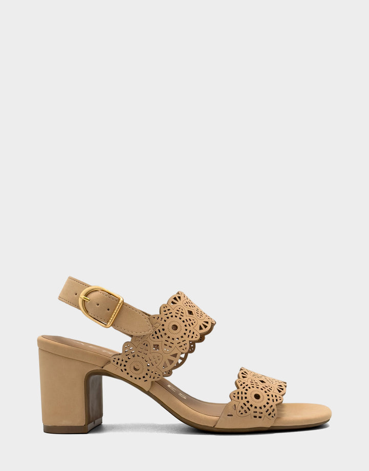 Comfortable Women's Heeled Sandal in Natural Perf Faux Nubuck Side View