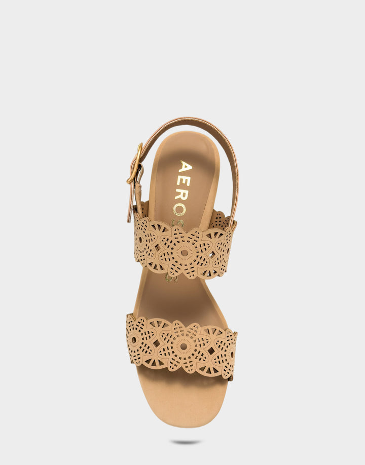 Comfortable Women's Heeled Sandal in Natural Perf Faux Nubuck Full Front View