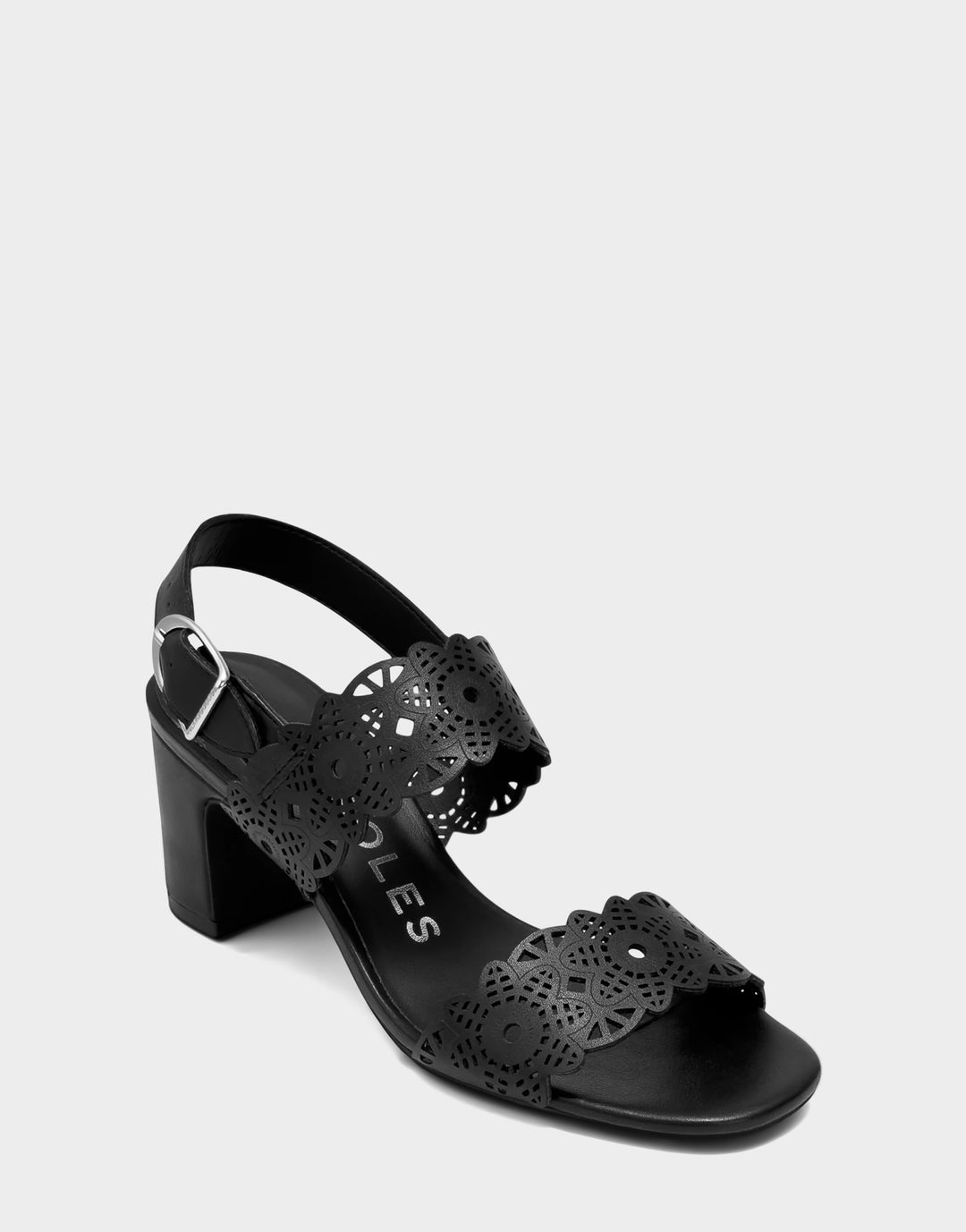 Comfortable Women's Heeled Sandal in Black Perf Faux Leather Side Angle View