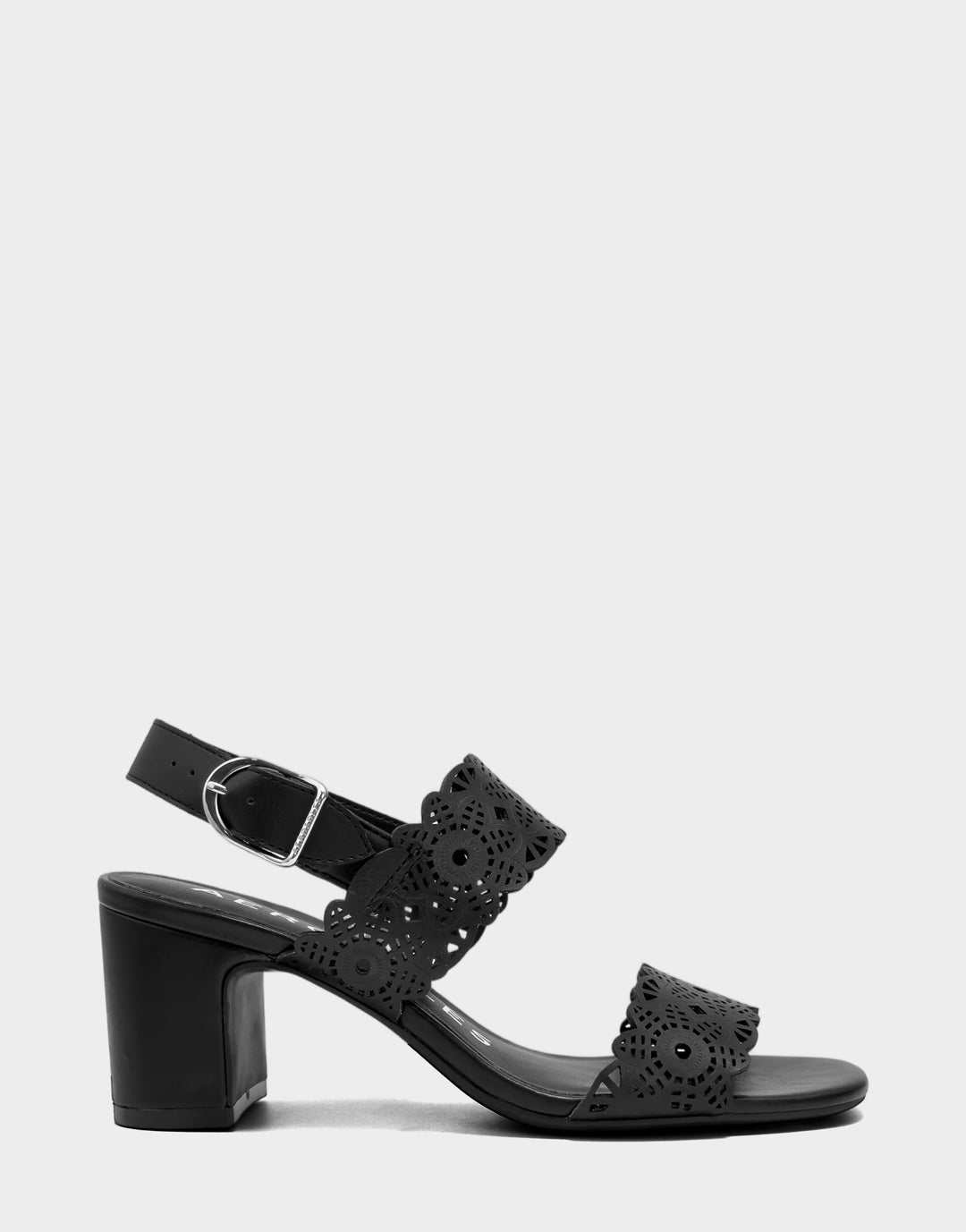 Comfortable Women's Heeled Sandal in Black Perf Faux Leather Side View