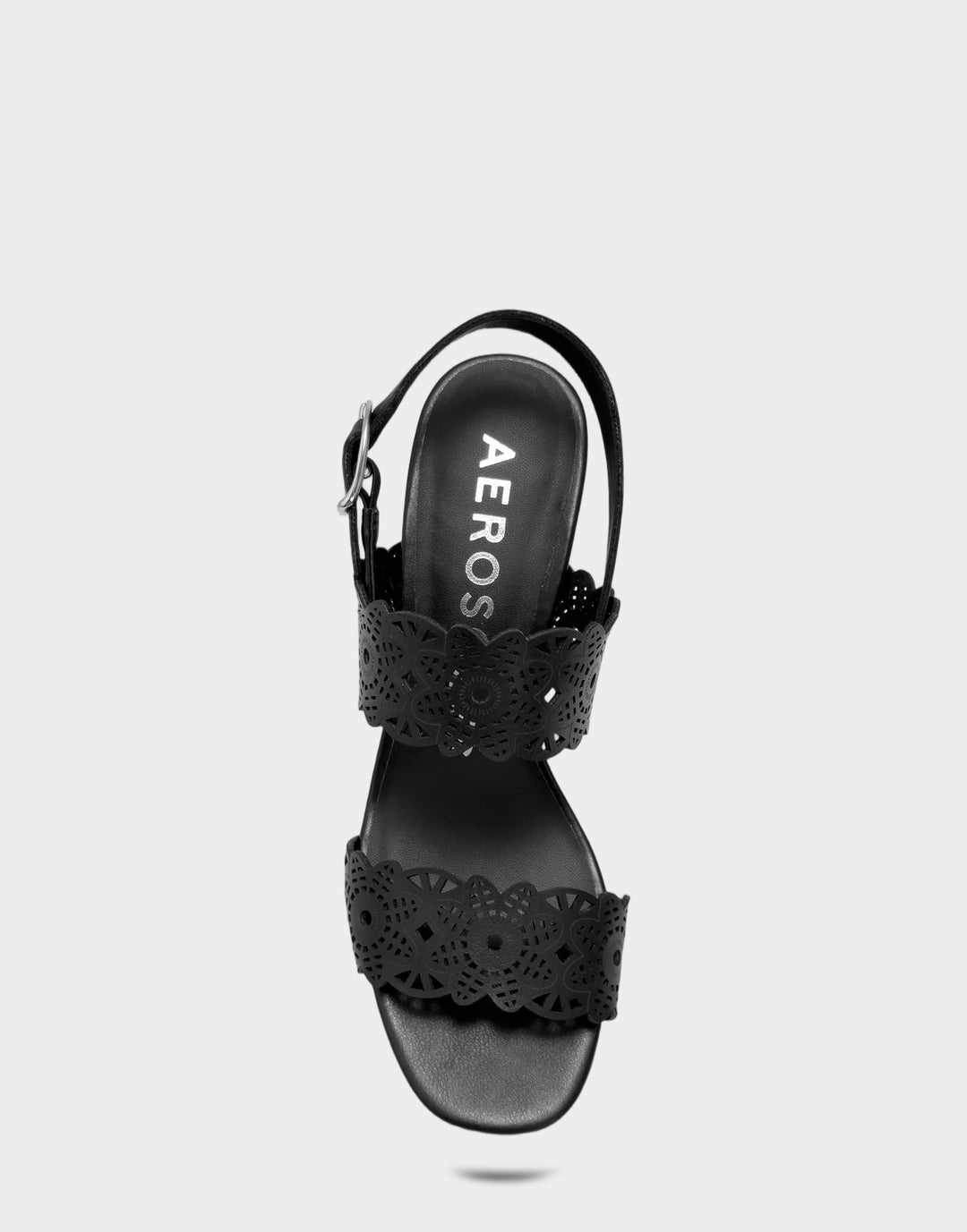 Comfortable Women's Heeled Sandal in Black Perf Faux Leather Full Front View