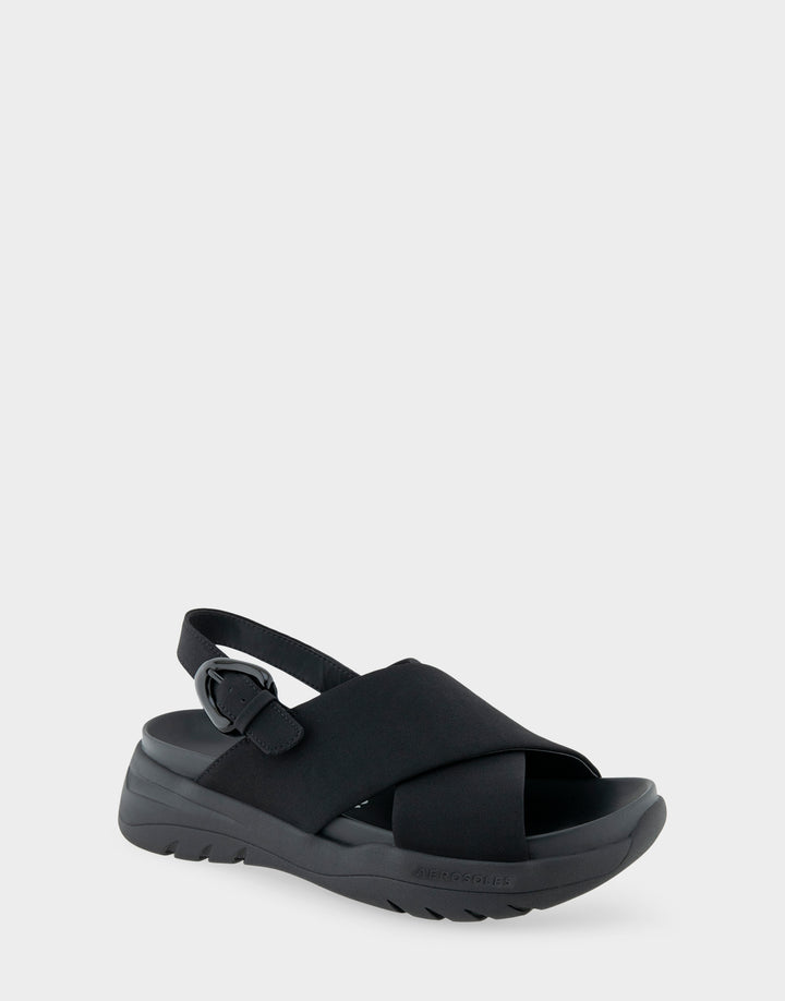Comfortable Women's Sneaker Sandals in Black Stretch Gabardine Fabric Side Angle View