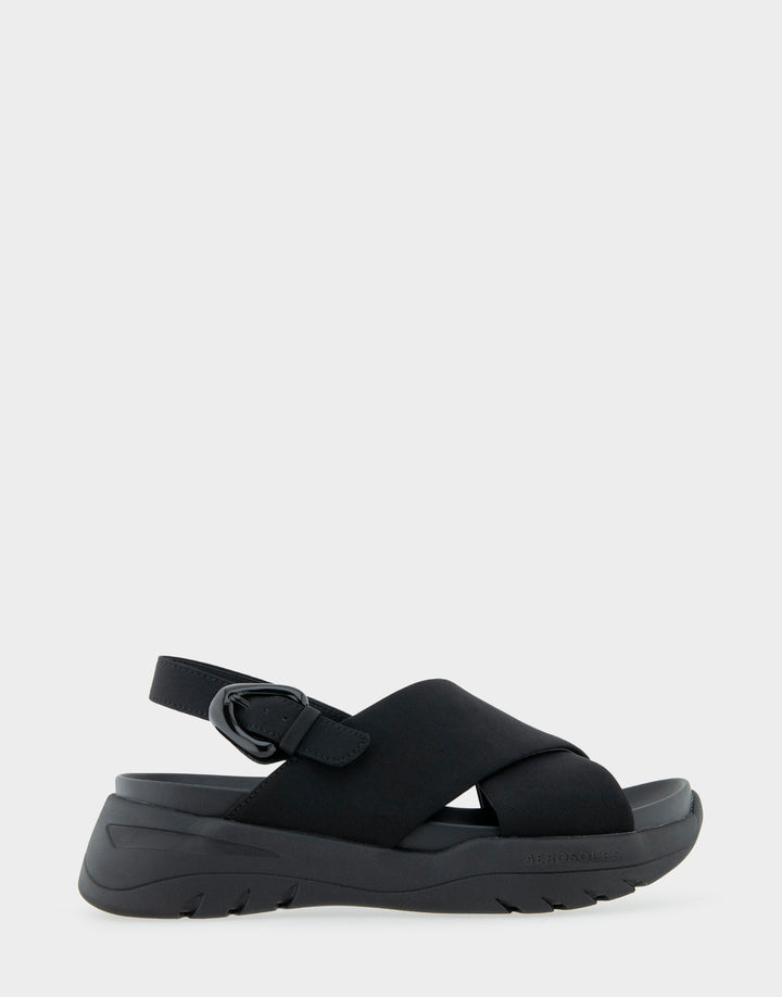 Comfortable Women's Sneaker Sandals in Black Stretch Gabardine Fabric Side View