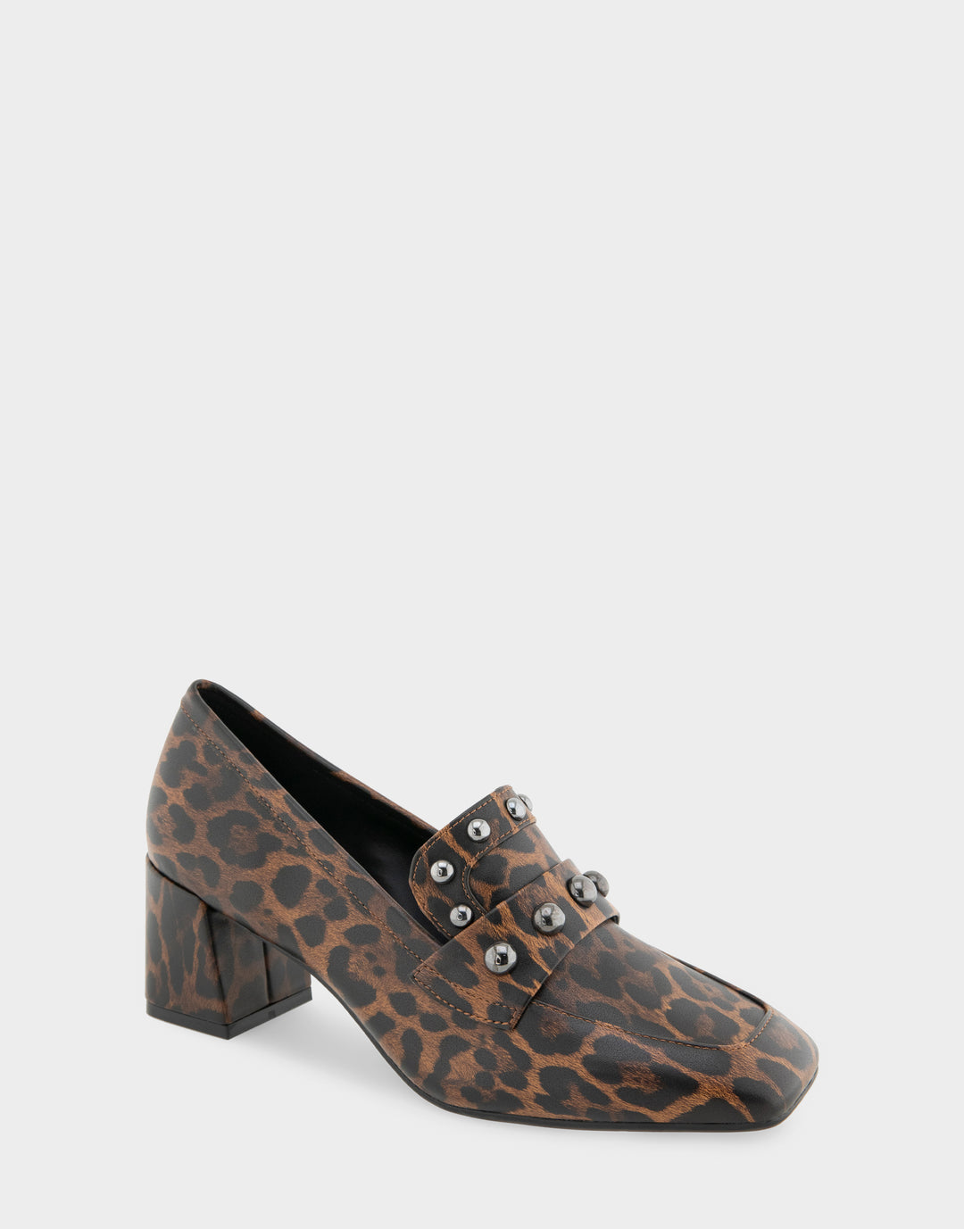 Comfortable Women's Heeled Loafer In Leopard Faux Leather Side Angle View