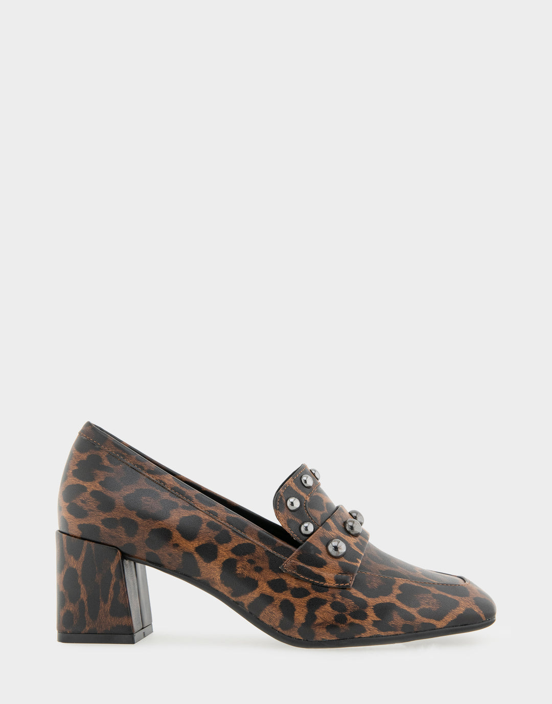 Comfortable Women's Heeled Loafer In Leopard Faux Leather Side View