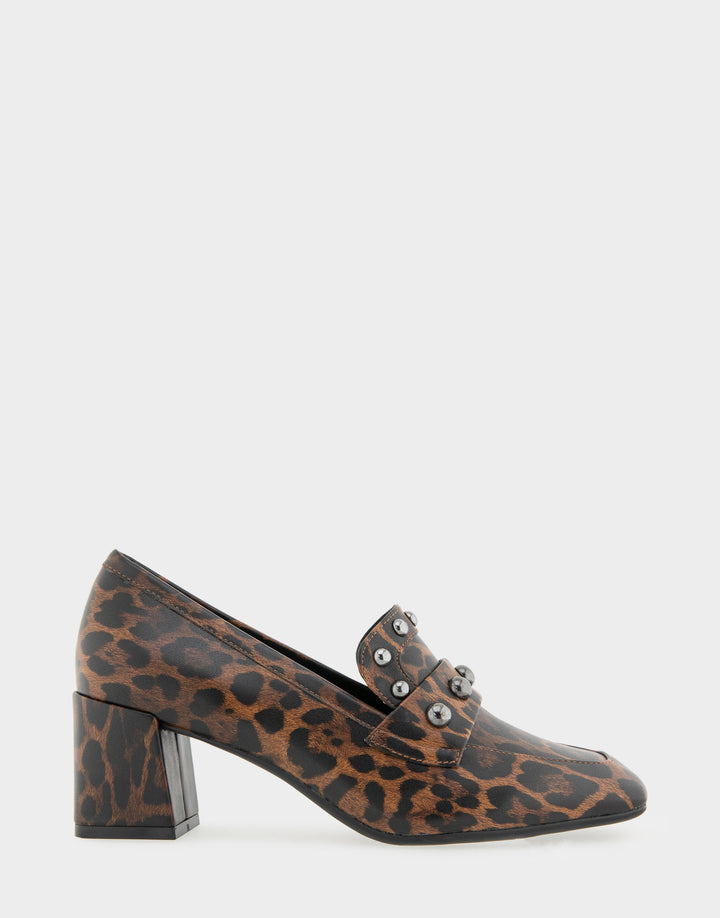 Comfortable Women's Heeled Loafer In Leopard Faux Leather Side View