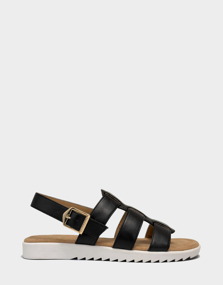 Comfortable Women's Fisherman Sandal in Black Faux Leather Side View