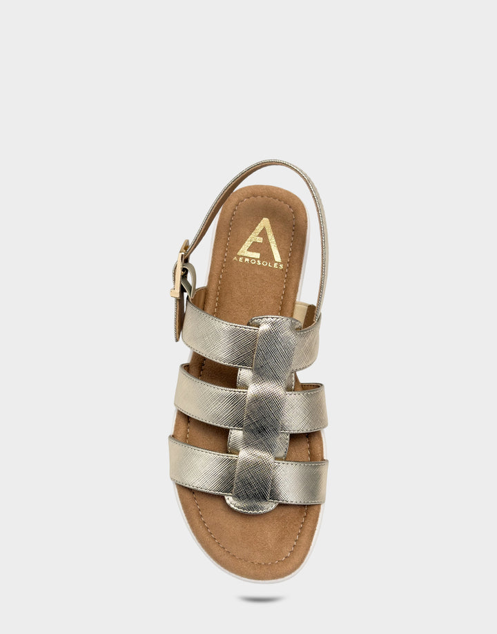 Comfortable Women's Fisherman Sandal in Gold Faux Metallic Saffiano Full Front View