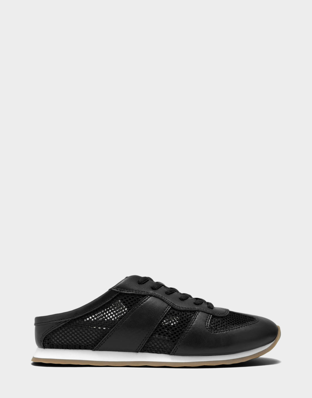 Comfortable Women's Sneaker Mule in Black Faux Leather & Mesh, side view 
