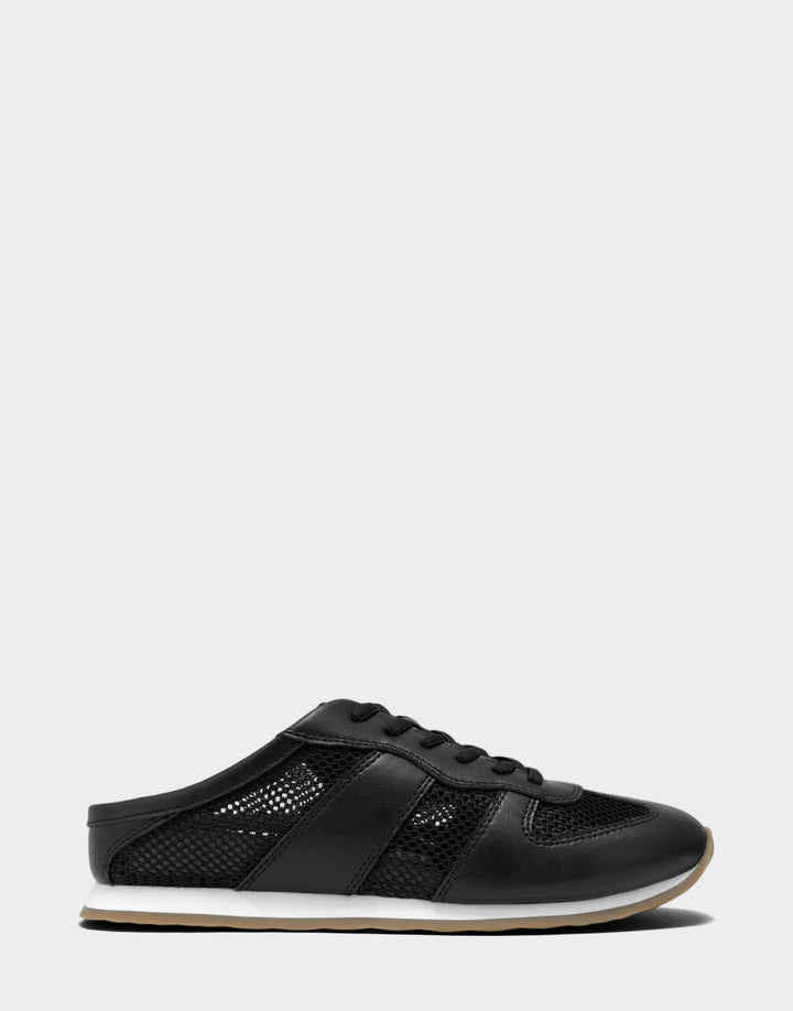 Comfortable Women's Sneaker Mule in Black Faux Leather & Mesh, side view 
