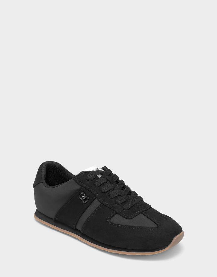 Comfortable Women's Lace Up Sneaker In Black Faux Suede Side Angle View