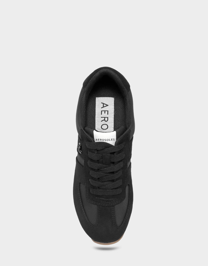 Comfortable Women's Lace Up Sneaker In Black Faux Suede Full Front View