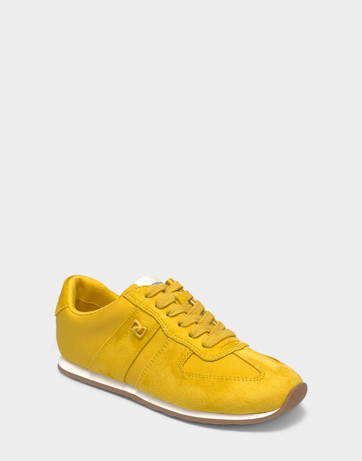 Comfortable Women's Lace Up Sneaker In Yellow Faux Suede Side Angle View