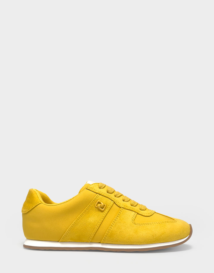 Comfortable Women's Lace Up Sneaker In Yellow Faux Suede Side View